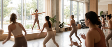 Group exercise studio class in motion